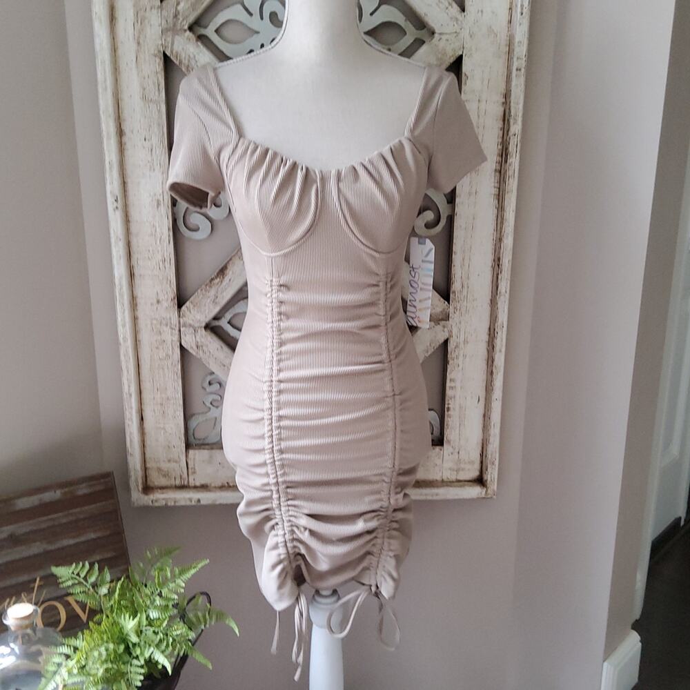 Almost Famous Women's Junior Ruched Front Drawstring Bodycon Mini Dress in Beige